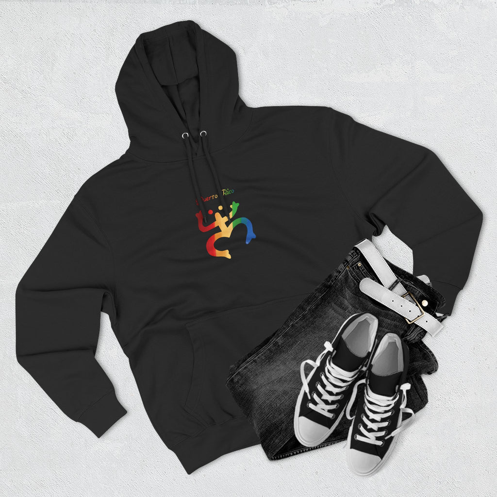 WildHooman Puerto Rico Taino Coquí Hoodie — Minimal Colorful Three-Panel Design