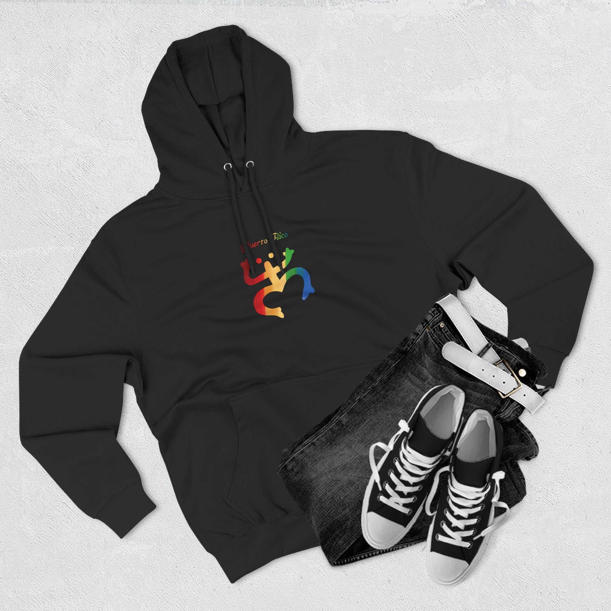 WildHooman Puerto Rico Taino Coquí Hoodie — Minimal Colorful Three-Panel Design