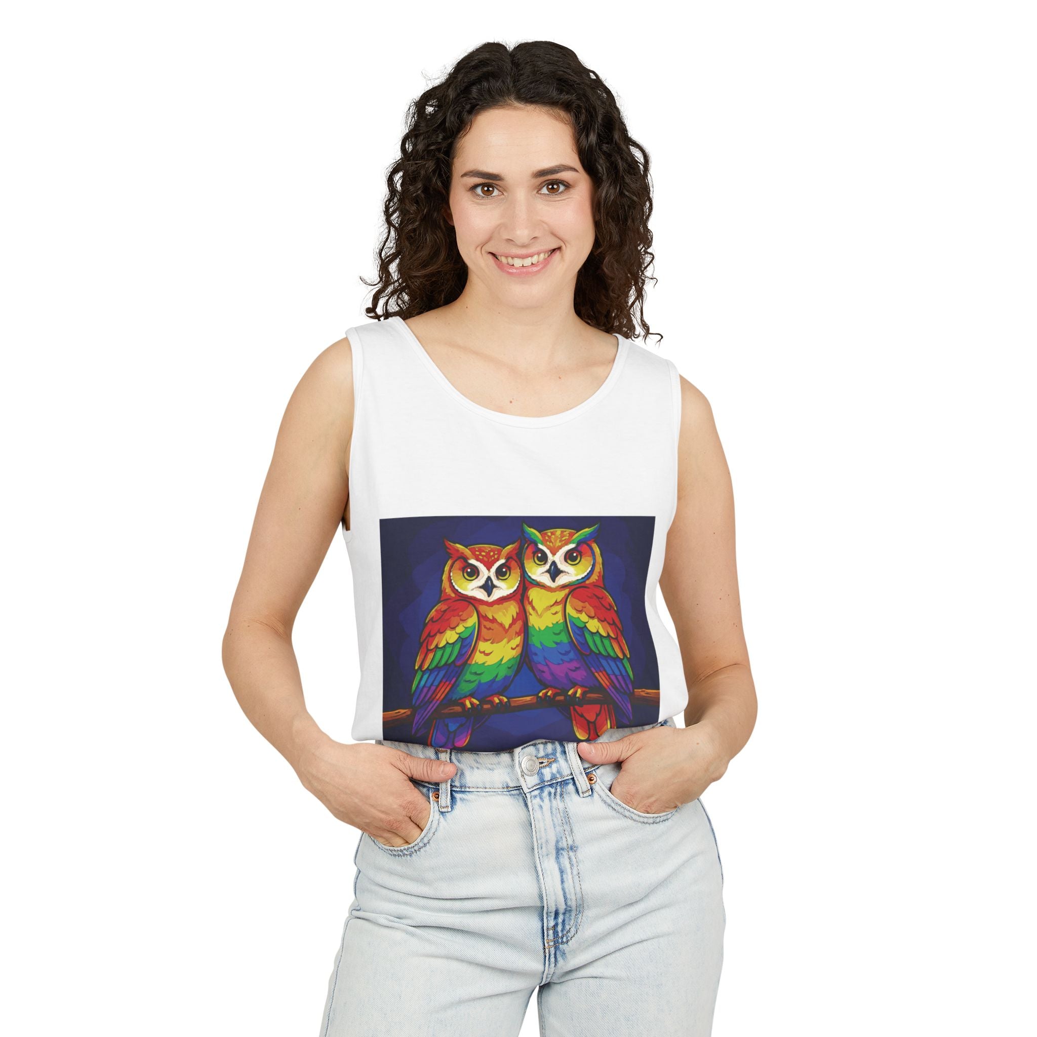 WildHooman Rainbow Owls Tank Top — Colorful Owl Art Graphic Tank - WildHooman