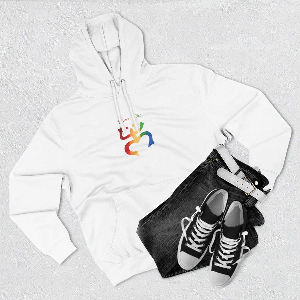 WildHooman Puerto Rico Taino Coquí Hoodie — Minimal Colorful Three-Panel Design